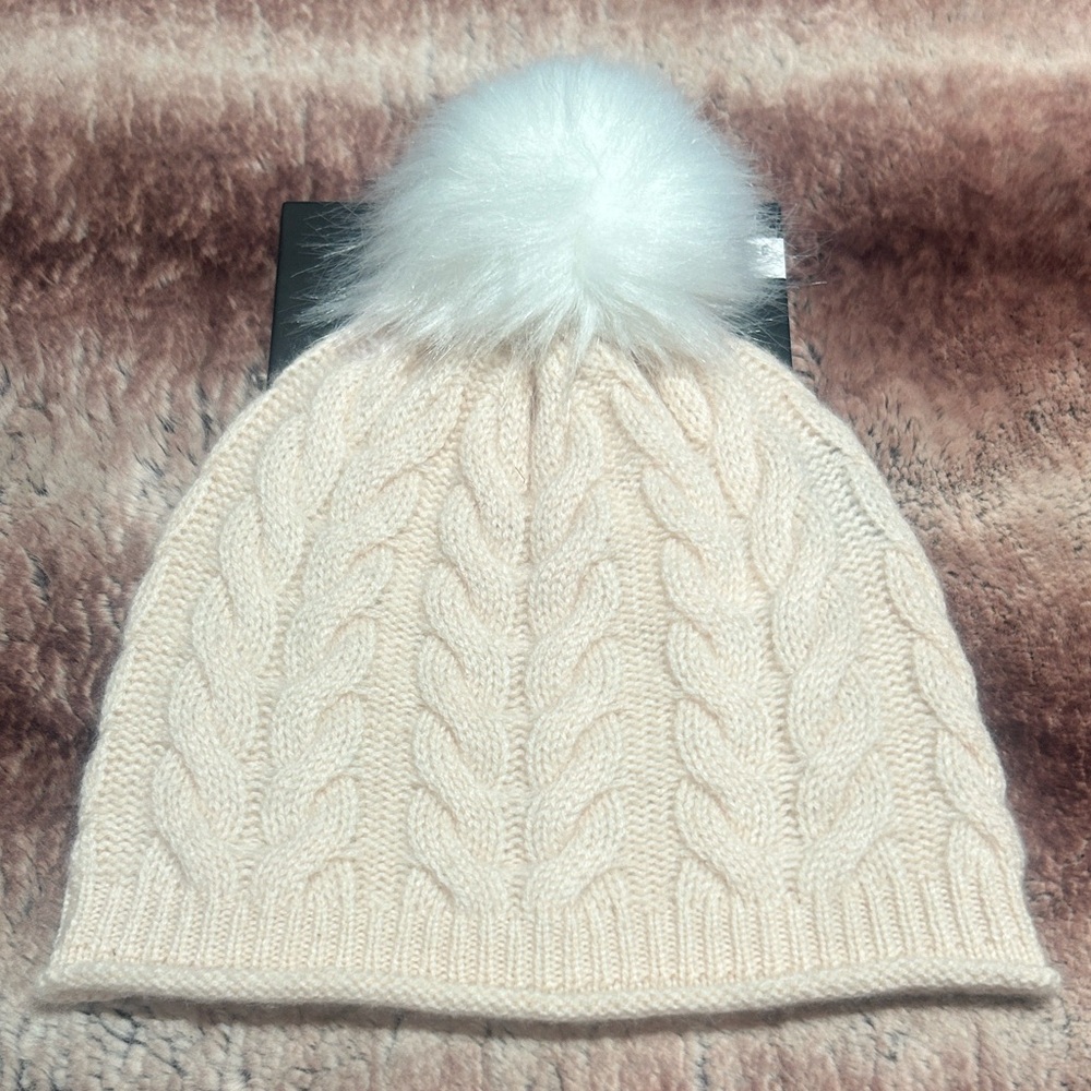 Tahari 100% 2-Ply Cashmere Cream Hat with Faux Fur Pom Cream
